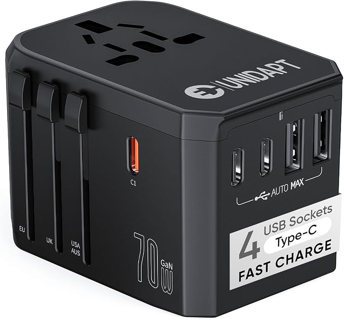 Unidapt Universal Travel Adapter, 70W International Plug Adapter with 3 USB-C PD Fast Charging & 2 USB-A Quick Charger Worldwide Adaptor for USA EU UK AUS Black (JY305-MAX)