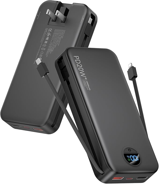 citicr Portable Charger 20000mAh PD20W w/Built-in Cables & Wall Plug Black | High capacity, Fast charging, Built-in wall plug, LED display, Charge 5 devices at once, Pass through charging, TSA approved