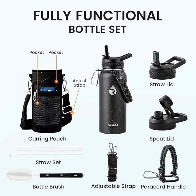RAYMYLO Insulated Water Bottle 32 oz, Triple Wall Vacuum Stainless Steel (Cold for 24Hrs, Hot for 12Hrs), Leak Proof & Non-BPA, Modern Water Flask Jug with Paracord Handle & Straw Spout Lids
