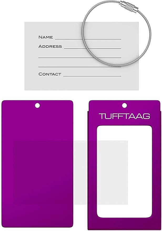 Luggage Tags Business Card Holder by TUFFTAAG - Durable Travel ID Bag Tag, Deep Purple, 2 Tags