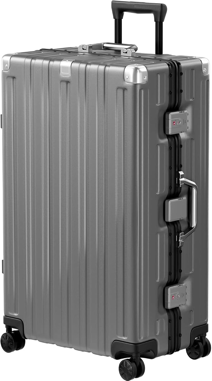 Krute Aluminum Frame Luggage 28 Inch Checked Suitcase with Spinner Wheels TSA Approved No Zipper Hard Shell Luggage PC+ABS Travel Suitcase Gray