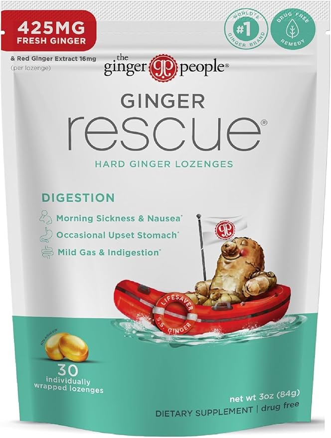 The Ginger People Ginger Rescue Digestive Wellness Lozenges (Hard) | Regular Strength - 425mg | Morning Sickness, Nausea, Upset Stomach, Mild Gas & Indigestion, 30 Count (Pack of 2)
