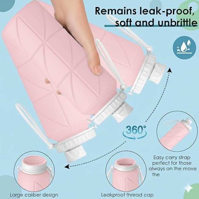 Folding Silicone Water Bottle | Collapsible Travel Water Bottle for Gym, Office, School, Cycling, Hiking & Outdoor Sports | Leak-Proof, Portable Bottle | 600 Ml (Pink)