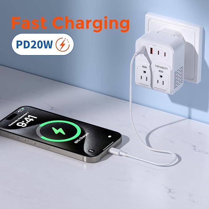 2000W Voltage Converter US to Europe for Hair Dryers, 7-in-1 220V to 110V Converter for European Travel with 3 AC/2 USBA/2 USBC Ports (PD20W), European Travel Adapter (White)