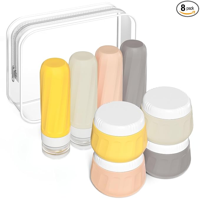 Mrsdry Travel Size Toiletries 8 Pack, TSA Approved 3oz Silicone Squeeze Bottles & Cream Jars with Clear Travel Bag