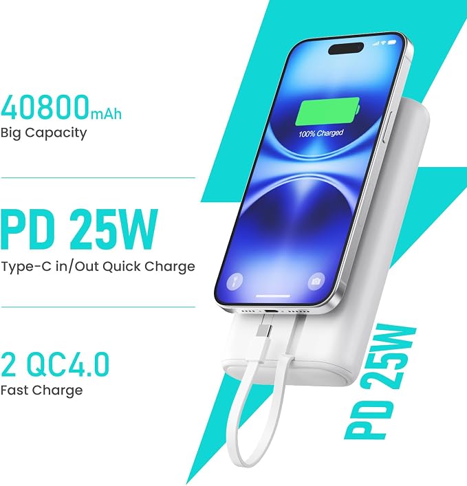 Portable Charger 40,800mAh Power Bank 25W Portable Battery Pack with 2 Built in Cables [2026 Upgraded], PD QC4.0 Fast Charging Portable Phone Charger Compatible with iPhone 17/16,Android Samsung-White