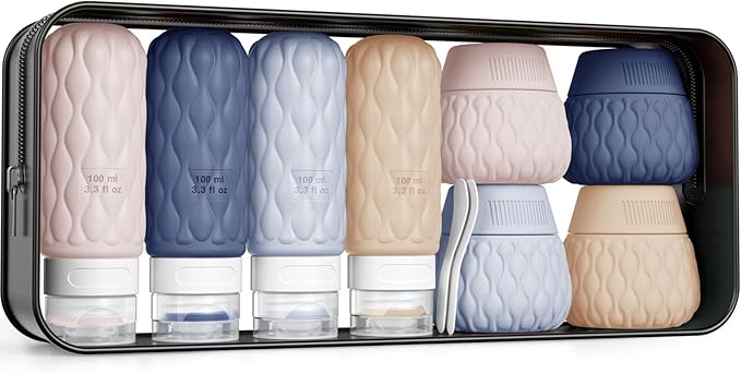 Silicone Travel Bottles for Toiletries 8 Pack Travel Size Toiletries 3.4 oz 1.7 oz, Leakproof Squeeze Travel Size Containers Refillable Cosmetic Jars Set for Shampoo, Conditioner, Creams