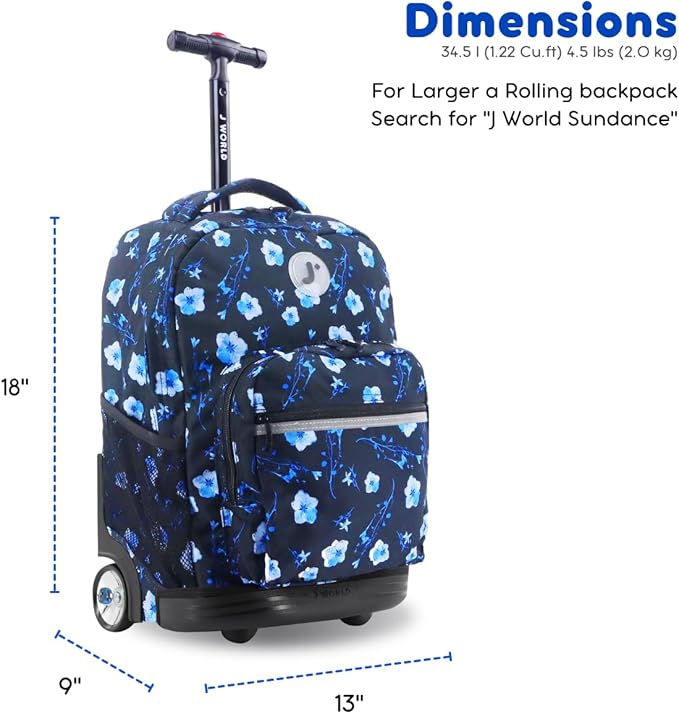 J World Sunrise Kids Rolling Backpack for Girls Boys. Roller Bookbag With Wheels For School, Night Bloom