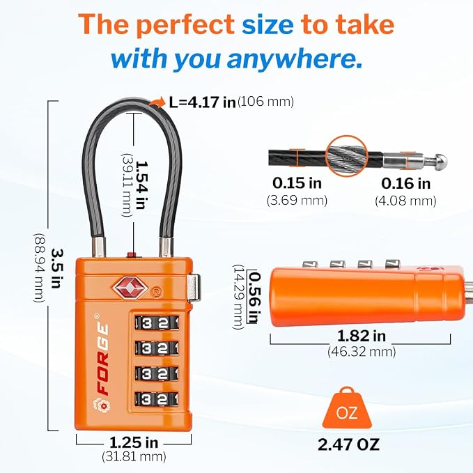 Forge TSA Approved Cable Luggage Locks with TSA008, 4-Digit Combination & Open Alert Indicator, Zinc Alloy Body, 2 Orange Travel Locks with 2 TSID Smart Lost & Found Tags for Luggage & Suitcase