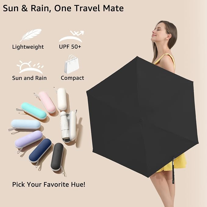 BAODINI Travel Essentials Mini Umbrella for Purse With Case Small Compact UV Sun Protection Lightweight Tiny Pocket Manual Open Close Umbrella for Women Kids and Men Fits Purse Backpack