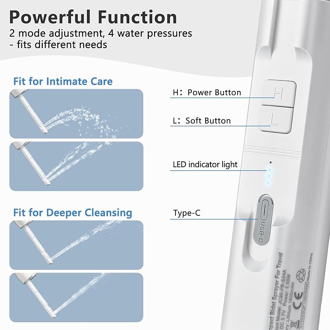 SPACEREST Portable Bidet for Home & Hotel use, Travel Bidet with Adjustable High Pressure & Flush Angle, IPX7 Waterproof, 1600mAh Electric Bidet for Women & Men with 2.5L Reservoir