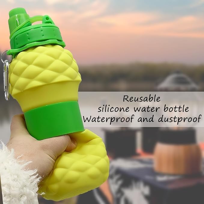Pineapple Design Silicone Collapsible Water Bottles, Portable Sports Bottle with Carabiner Clip, Leak Proof, BPA Free Sippy Straw 550 ml (Pack of 1) (Pineapple bottle)