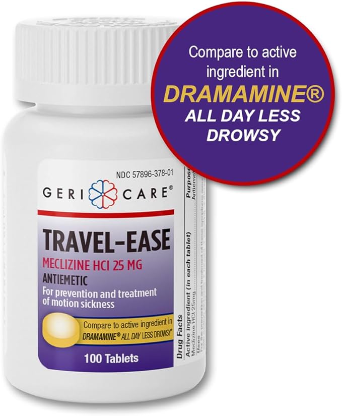 GeriCare Meclizine HCI 25mg Antiemetic Travel-Ease Tablets, Prevents and Treats Motion Sickness, Nausea Relief, 100 Count (Pack of 1)