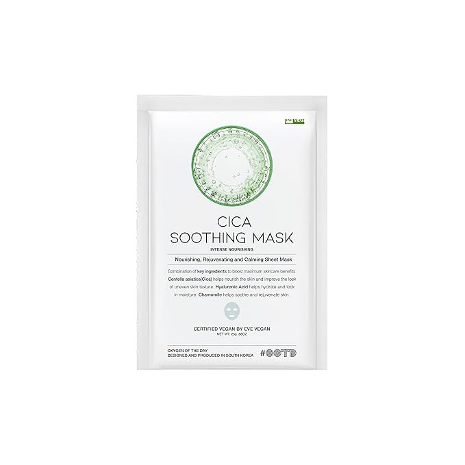 #OOTD Cica Calming Mask for Face Sensitive Irritated Skin, Soothing, Moisturizing, Korean Anti Aging Face Mask, Eve Vegan, Chamomile, Hyaluronic Acid 10EA