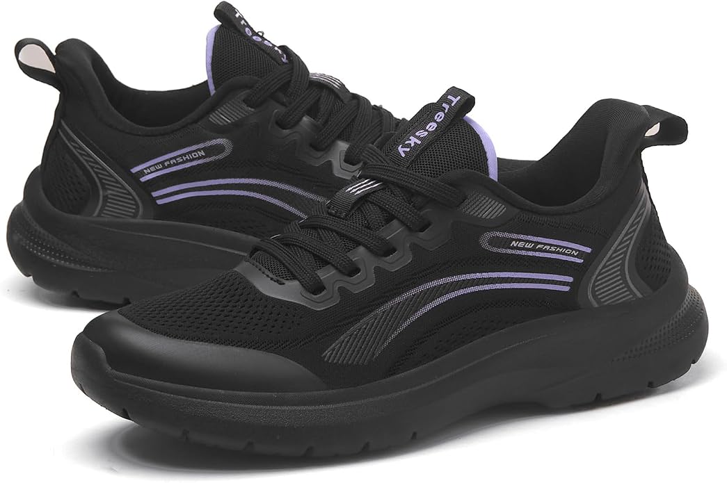 Treesky Black Non Slip Work Shoes for Women, Restaurant & Kitchen Sneakers | Slip resistant soles, lightweight cushioning, breathable knit, removable insole, for nursing, food service & long shifts