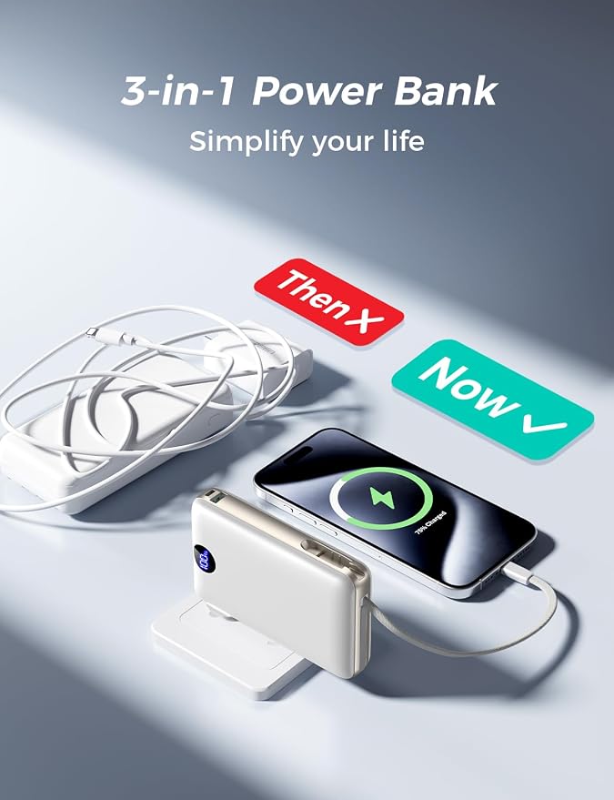 Portable Charger 50000mAh with Built-in Cables and AC Wall Plug, 22.5W Fast Charging Power Bank with LED Display for iPhone 17/16, Samsung, Android Devices, Camping, Road Trips and Travel, White