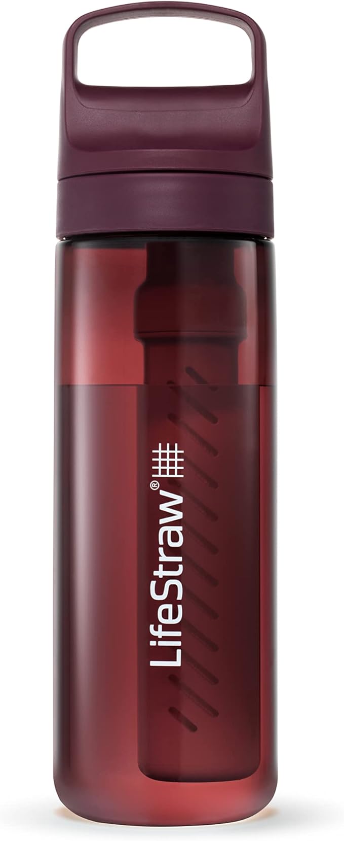 LifeStraw Go Series — BPA-Free Water Filter Bottle for Travel and Everyday Use Removes Bacteria, Parasites and Microplastics, Improves Taste, 22 oz, Merlot Me Away