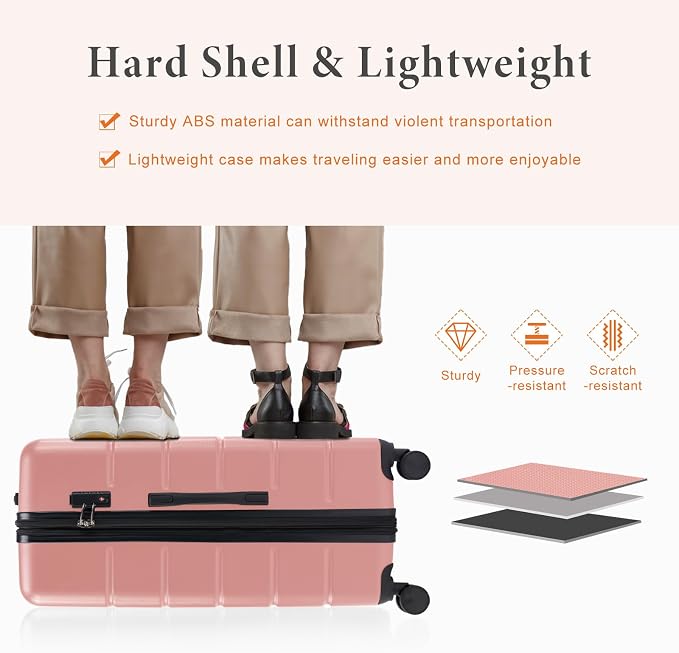 Sweetcrispy 20 Inch Carry On Luggage, Lightweight ABS Rolling Hard Shell Suitcase with Quiet Spinner Wheels, Built-in TSA Lock, Portable Travel Suitcase for Business Trip & Vacation Use, Pink
