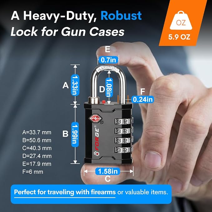 FORGE 4-Digit TSA Approved Travel Locks – TSA008 Key System, Key Duplication Impossible, Heavy-Duty Combination Padlock for Travel, Gym, Pelican Case. Black 3 Locks.