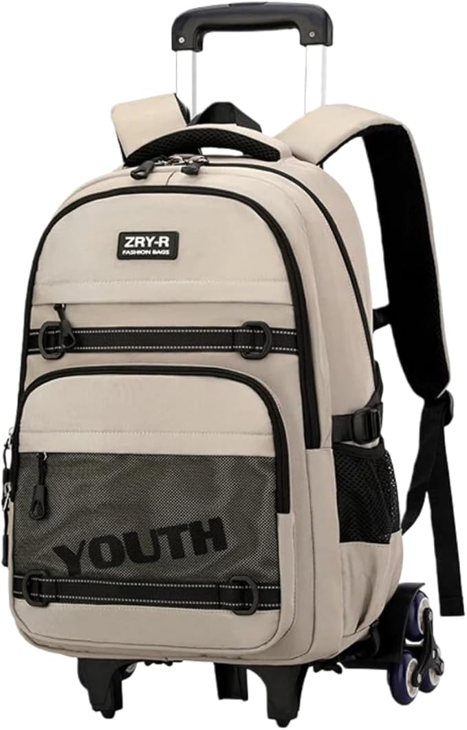 EKUIZAI Kids Rolling Wheeled Backpack for Boys Girls Roller Middle School Backpack with Wheels Rolling Bookbag Trolley Bag for Kids，6 Wheels Khaki