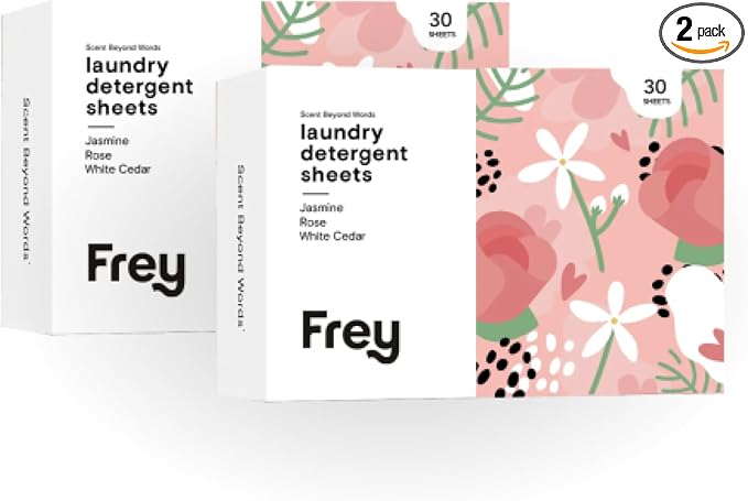 FREY Plant-Derived Laundry Detergent Sheets, 60-Count (Pack of 2) – Eco-Friendly Liquidless Detergent Strips, Travel-Friendly Biodegradable Eco-Sheets (Jasmine Meadow)