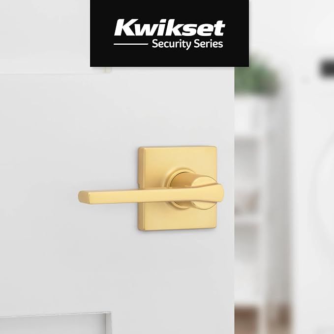 Kwikset Casey Interior Square Passage Door Handle, Lever for Closet and Hallway Doors, Reversible Non-Locking Handle Lever, Satin Brass 4 Pack