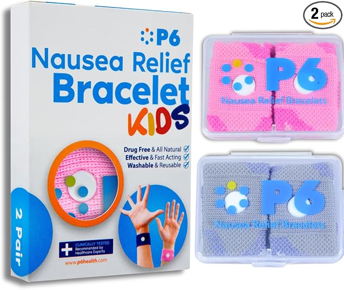 P6 Motion Sickness Bands for Kids Children’s Wristbands for Anti Nausea Sea Cruise Travel Car Sickness All-Natural Non Drowsy Relief Acupressure Treatment (2 Pack, White - Pink)