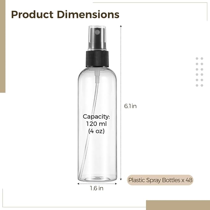 OMISTAR 48 Pcs 4 oz Plastic Spray Bottles - 120 ML Travel Size, Fine Mist Sprayers, Ideal for Perfumes, Cosmetics, Cleaning Solutions, and More, BlackClear