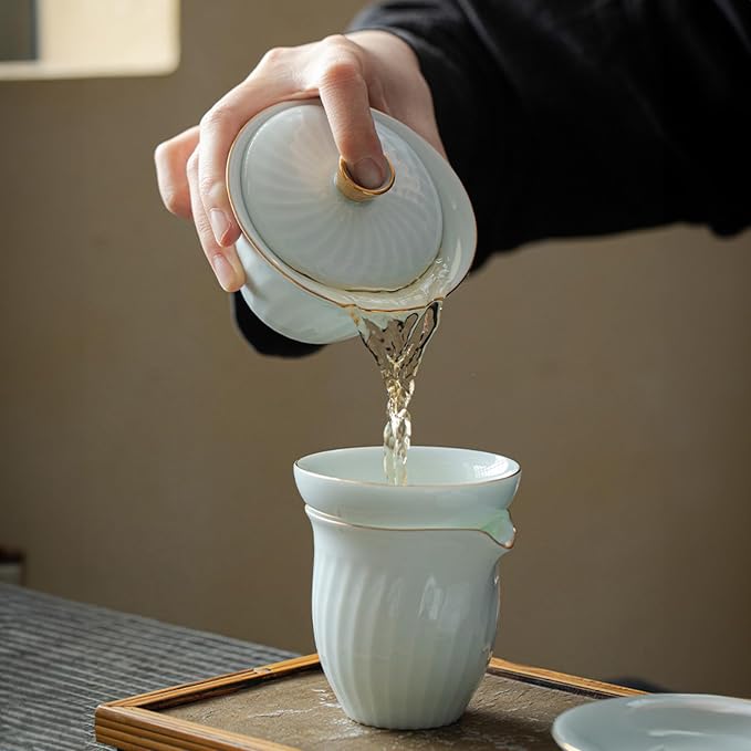 Chinese Tea Set, Gaiwan Tea Set with 6 Cups, Chinese Gongfu Teaset, Gold-plated Edge Craftsmanship(GaiwanB 6cups)
