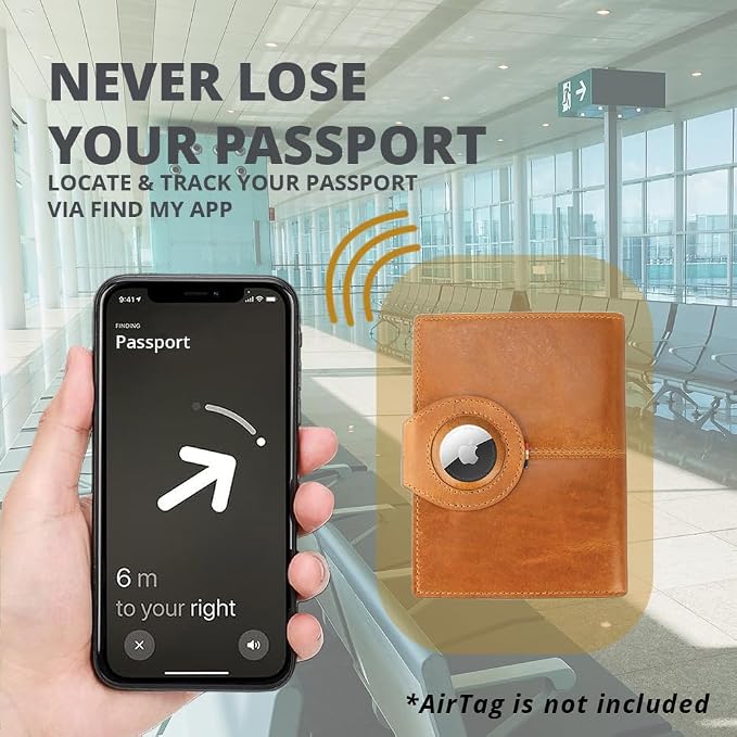 GARZINI Passport Holder with AirTag, Passport Wallet with RFID, Travel Accessories, Travel Document Holder with ID Window, Leather Passport Holder for 7 Cards, Brushed Caramel