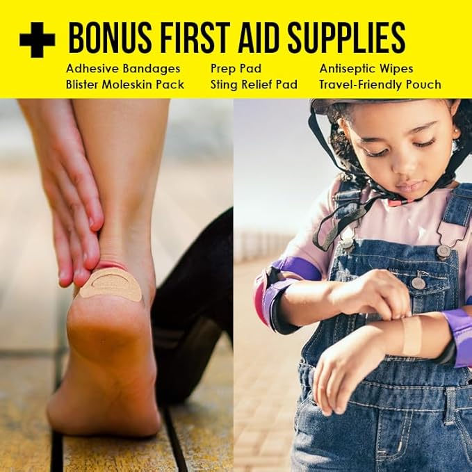 EVERLIT CARE Travel Essential Medicine First Aid Kit I Bonus Medical Supplies I TSA Compliant Mini Size Medkit for Traveling Camping Trips Individually Packed 64 Tablets (Blue)