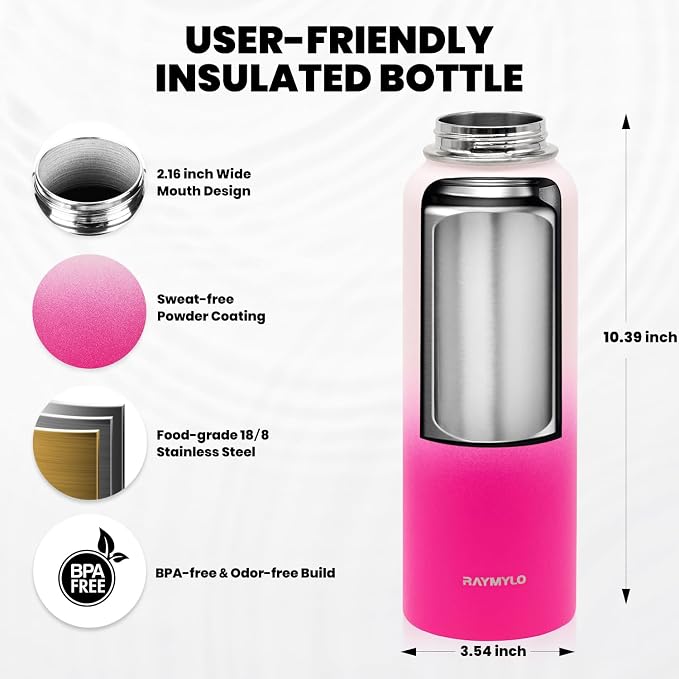 RAYMYLO Insulated Water Bottle 40 oz, Triple Wall Vacuum Stainless Steel (Cold for 36Hrs, Hot for 18Hrs), Leak Proof & Non-BPA, Modern Water Flask Jug with Paracord Handle & Straw Spout Lids