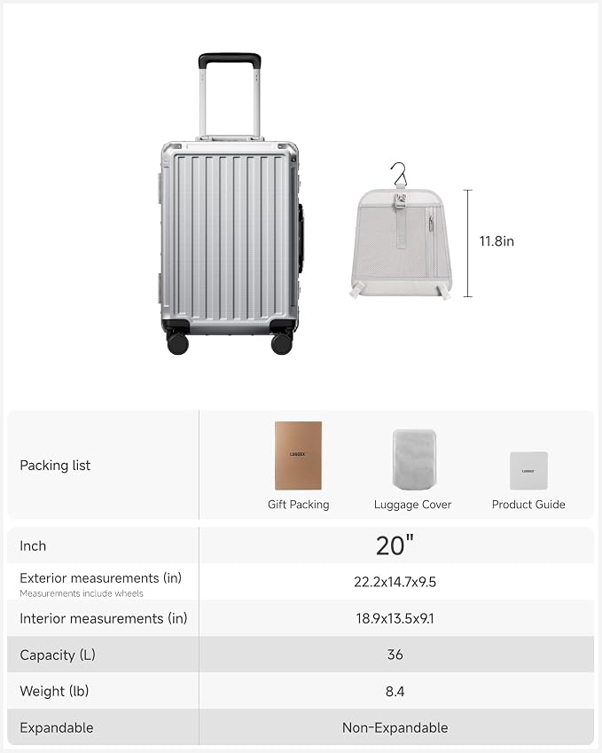 LUGGEX Carry On Luggage with Spinner Wheels, 8010S Aluminum Frame Zipperless Polycarbonate Hard Shell Suitcase (ZX-Core, Silver Ivory, 20 Inch)