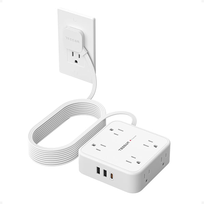 TESSAN Surge Protector Power Strip, 15 Ft Flat Plug Extension Cord with 3 USB (1 USB C 20W PD) 8 Outlets, 1250W, 900J Protection, 3 Sided Outlet Extender with Power Switch for Office, Dorm Room, White