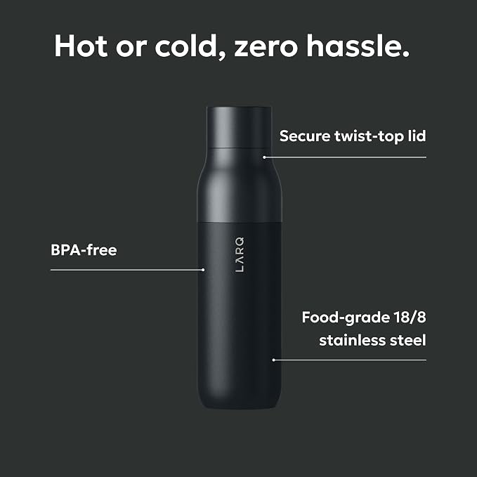 LARQ Twist Top — Reusable Insulated Stainless Steel Water Bottle, Metal Water Bottle for Men, Women, Kids, 100% Leakproof, BPA Free, No Straw — Travel, Gym, Office, School — 25 oz, Obsidian Black