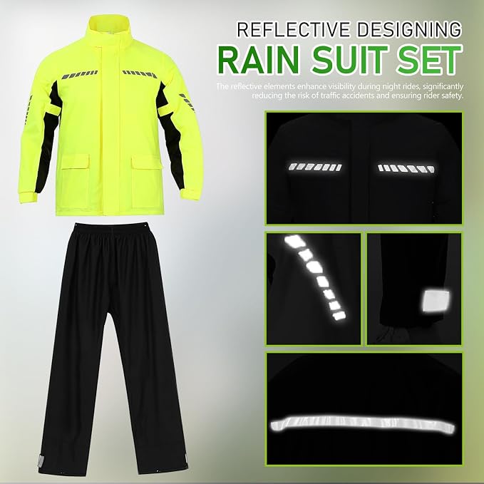 Men's Reflective Rain Gear Motorcycle Rain Suit with Hooded Nylon Waterproof Jacket Pants and Shoe Covers for Cycling and Night Riding