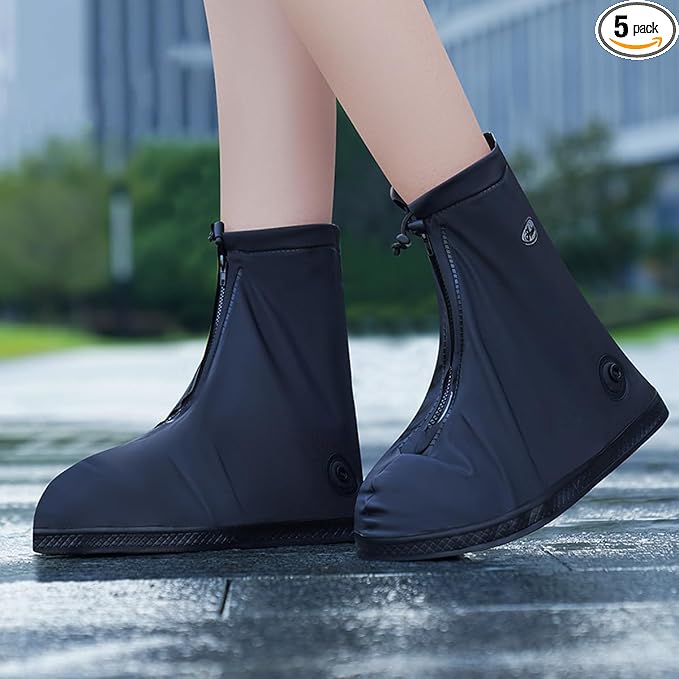 Rain Shoe Covers, 5 Pairs, Reusable, Non-Slip, Waterproof PVC, Mid-Calf, for Gardening, Cycling, Fishing, Walking in Rain, Snow, and Mud (Black, S (EU 35-36))