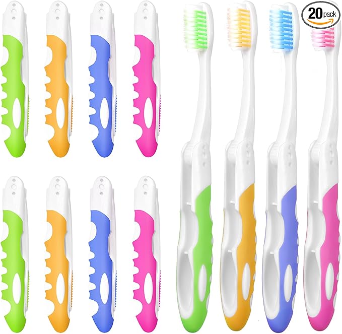EasyHonor 20 Pack Bulk Travel Toothbrush with Folding Portable Design and Soft Bristles, for Camping, Hiking, Travel, School
