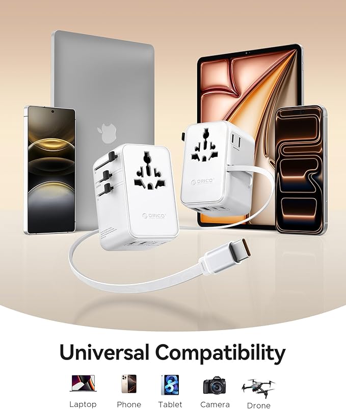 ORICO Universal Travel Adapter 100W GaN International Power Adapter with 2 AC, 3 USB-C and 2 USB-A Ports, Built-in Retractable USB-C Cable, European Travel Plug Adapter for Eu US UK AU &200+ Countries