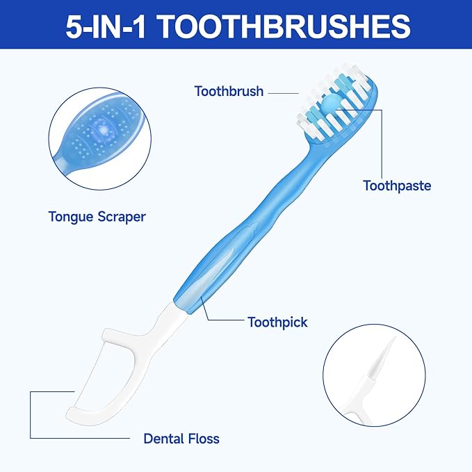 5 in 1 Mini Brushes-Disposable Toothbrushes with Toothpaste + Floss + Pick + Tongue Scraper | Travel Size | Individually Wrapped | Soft | Mint | Travel Set (Mix, 52pcs(2Pack))