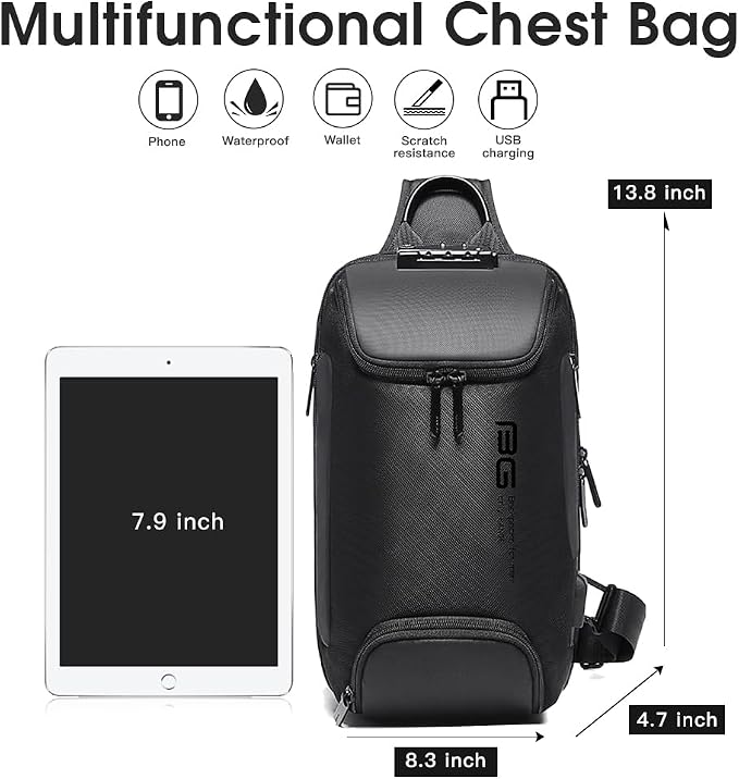 BANGE Sling Backpack with Lock, Anti Theft Crossbody Shoulder Bag for Men Women, Waterproof Small Daypack with USB Charging Port for Outdoor Sports