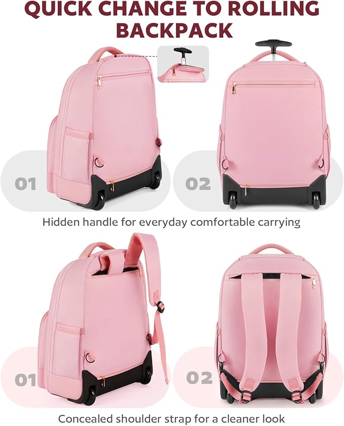 Arcoyard Rolling Backpack Carry On Luggage For Adults With Wheels, 40L Wheeled Backpack For Women, Travel Roller Backpack, Rolling Bag, Pink