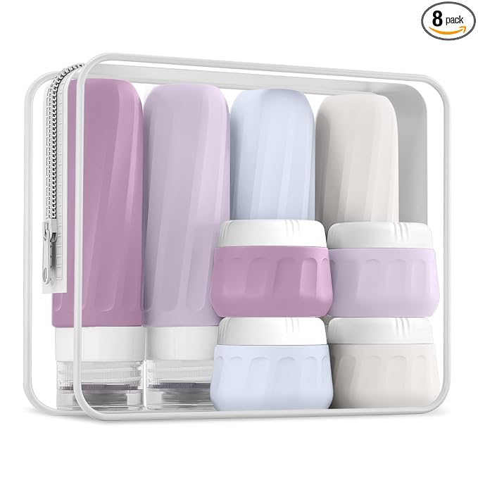 Mrsdry Travel Size Toiletries 8 Pack, TSA Approved 3oz/1oz Silicone Refillable Containers with Clear Travel Bag