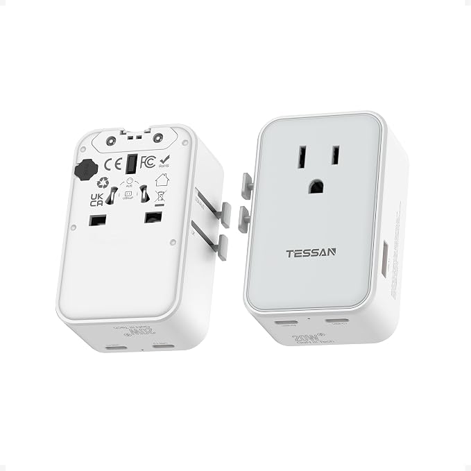TESSAN Universal Travel Adapter 20W, Ultra Slim International Power Adapter with 2 USB-C 1 USB-A, Travel Plug Adaptor Worldwide for US to European UK Spain Italy England New Zealand (Type C G A I)