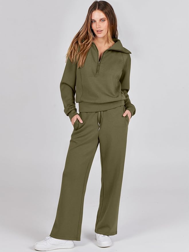 ANRABESS Women’s 2 Piece Outfits Half Zip Sweatshirt & Wide Leg Pants Airport Travel Lounge Matching Sets Sweatsuits Clothing