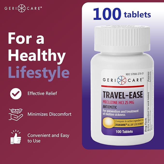 GeriCare Meclizine HCI 25mg Antiemetic Travel-Ease Tablets, Prevents and Treats Motion Sickness, Nausea Relief, 100 Count (Pack of 1)
