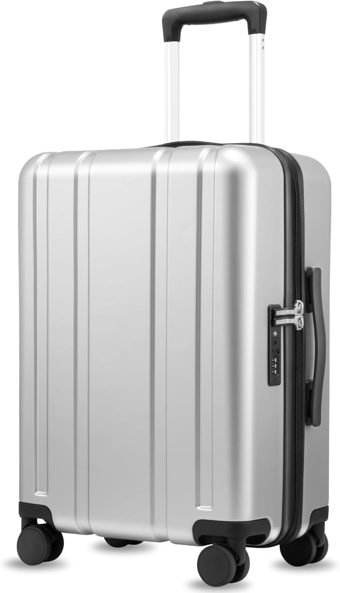 LUGGEX Carry On Luggage 22x14x9 Airline Approved, L2 100% PC Hard Shell Travel Suitcase with Smooth Spinner Wheels, TSA Lock (Silver, 20 Inch, 40L)