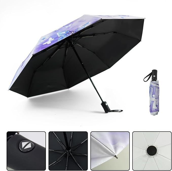 SY COMPACT Travel Umbrella - Windproof Automatic Compact Umbrella for Rain, Lightest 8-Rib, Small, Strong & Portable, Durable Grip, Fits Backpack & Car, Factory Direct (UV Available)