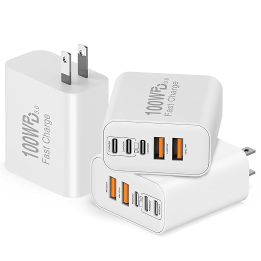 QZIIW USB C Wall Fast Charger Block, 100W 5-Port Type C Fast Charging Block 3 Pack-PD Power Charger Adapter QC 3.0 USB Multiport Charger Brick for iPhone 17 16, Samsung Series MacBook/Air, iPad, etc.