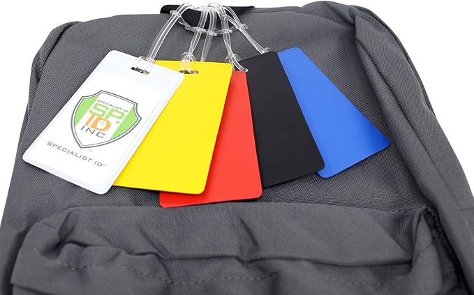 25 Pack - Bright Backpack ID Luggage Tags for Student Identification Cards - School Name Badge Holder for Backpacks - Business Card Size with Clear Insert Window by Specialist ID (Assorted Colors)